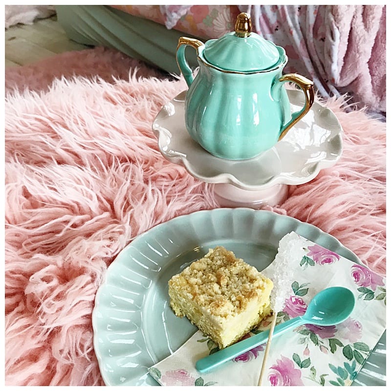 grandma's coffee cake with a pretty plate and rock candy