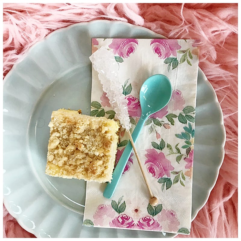 coffee cake paired with rock candy and a pretty plate
