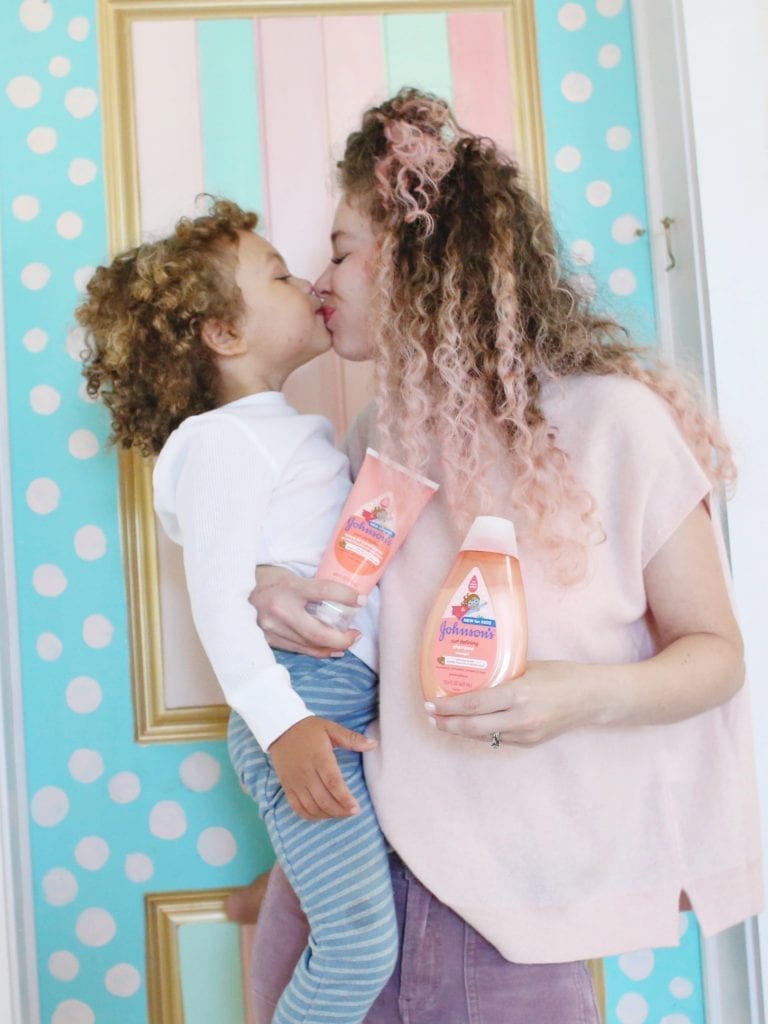 mom and son with johnson's shampoo