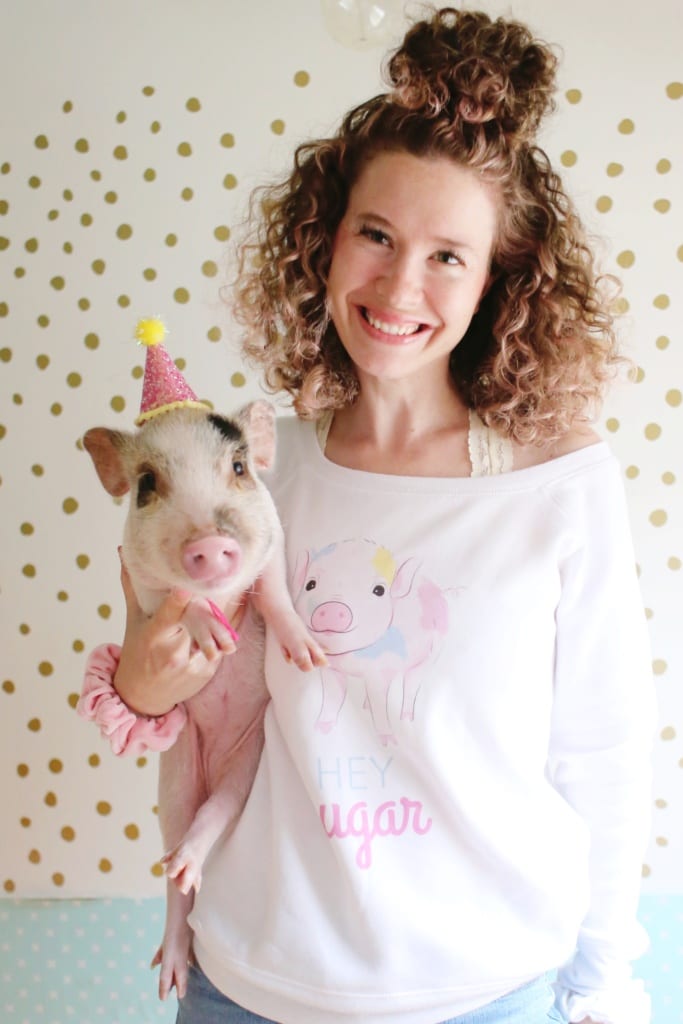 girl wearing rainbow pig sweatshirt holding a miniature pig