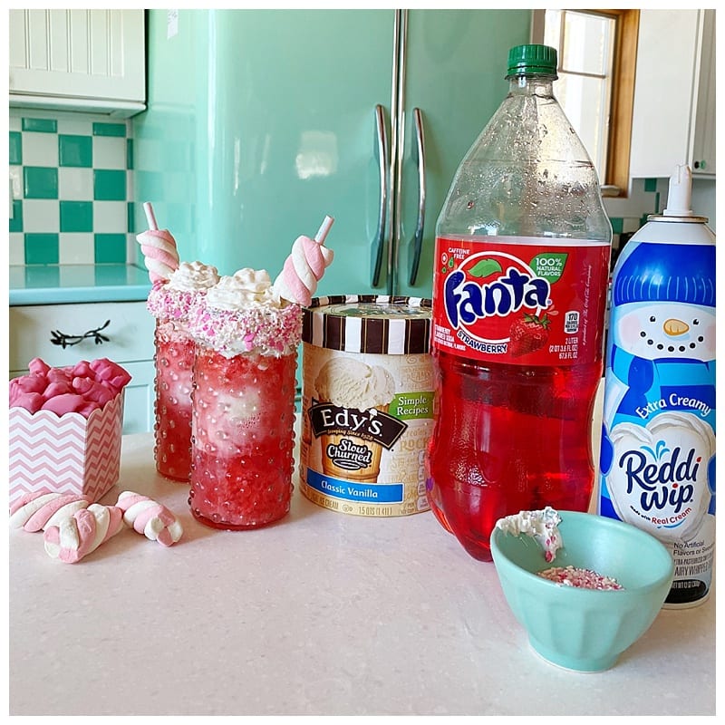 Box of treats, Cupid's Potion Float, Ice Cream, Strawberry Soda, Sprinkles and Whipped cream.  Ingredients for Live Sweet's Cupid's Potion Float