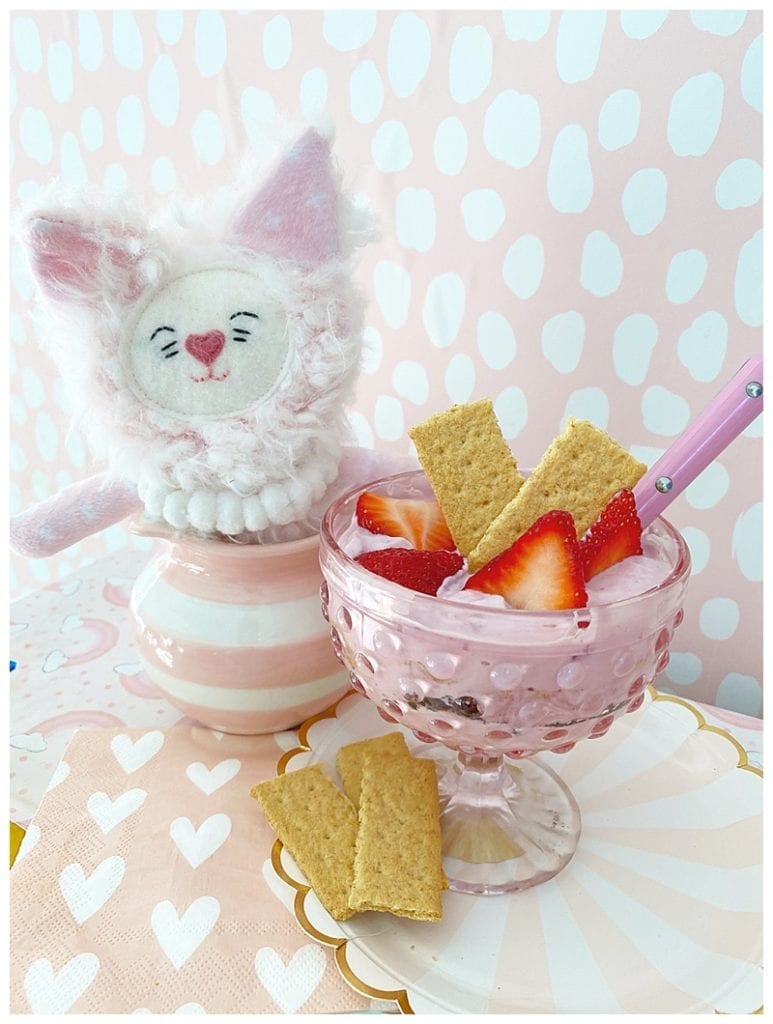 Pretty Galentine's Day Parfait with strawberries and graham crackers